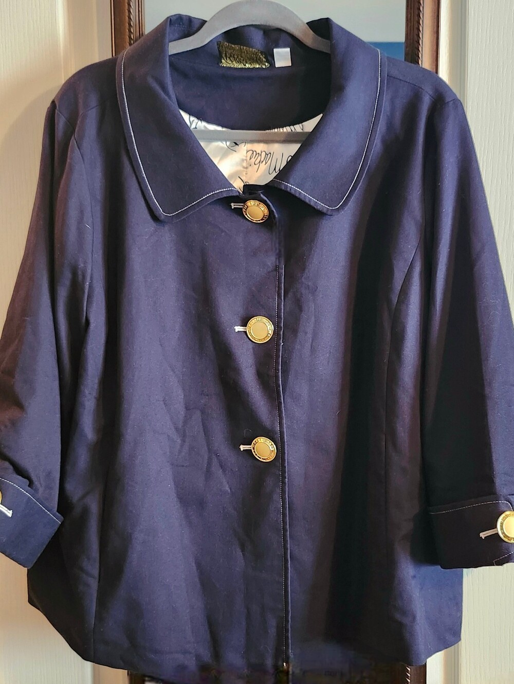 Bob Mackie 3/4 Sleeve Navy Jacket With Printed Lining - Picture 2 of 7